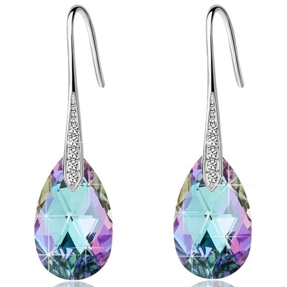 14K White Gold with Vitrail Light Austrian Crystal Teardrop Drop Hook Earrings